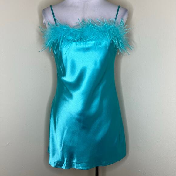 Thirty Thirty Slip Dress MEDIUM Blue Party Feather Trim Mini Going Out Cocktail - Picture 2 of 13
